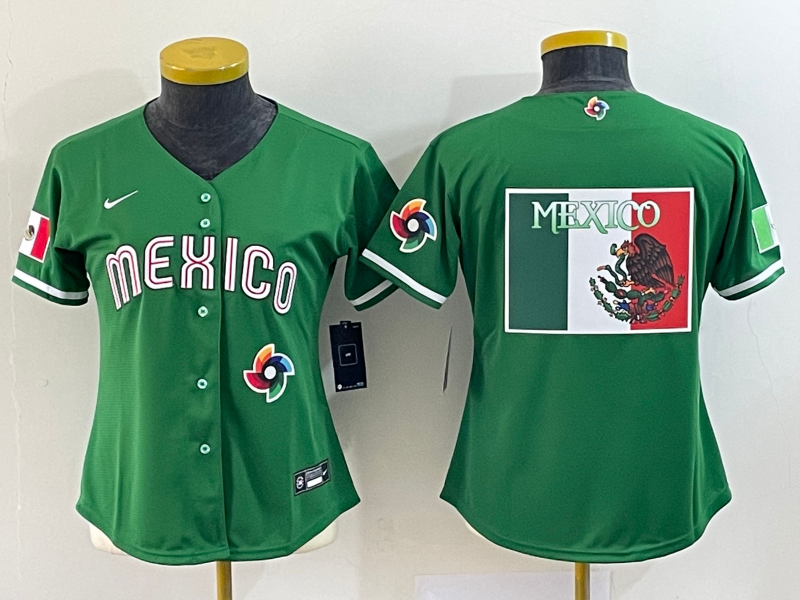Women's Mexico Baseball 2023 Green Big Logo World Baseball Classic Stitched Jersey(Run Small)